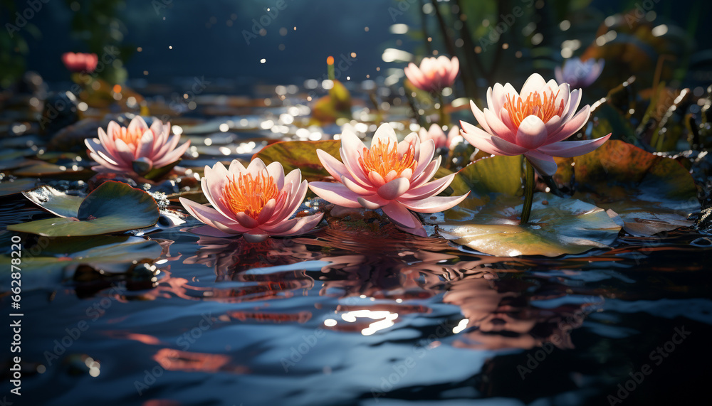 Tranquil scene: Lotus water lily floating on water, reflecting elegance generated by AI
