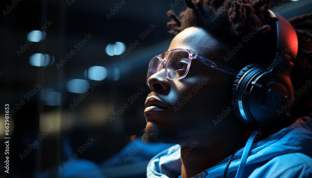 African American man, stylishly listening to music in a nightclub generated by AI