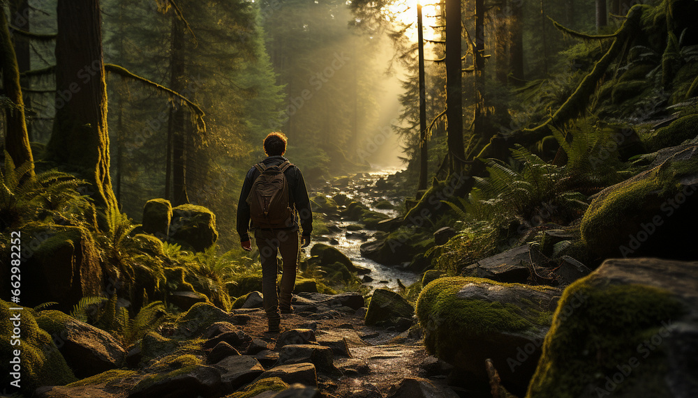 Men hiking in the forest, exploring nature beauty and tranquility generated by AI