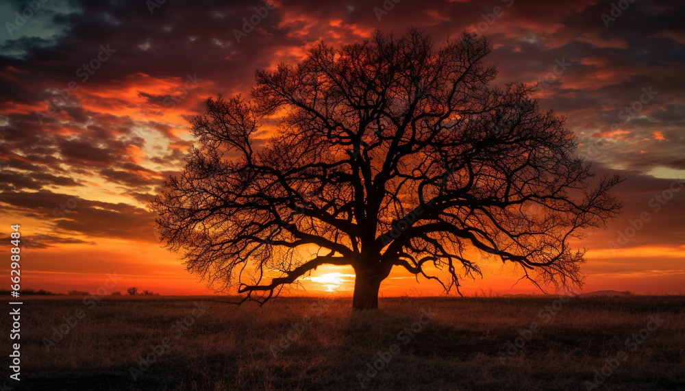 Silhouette of acacia tree in tranquil African sunset landscape generated by AI