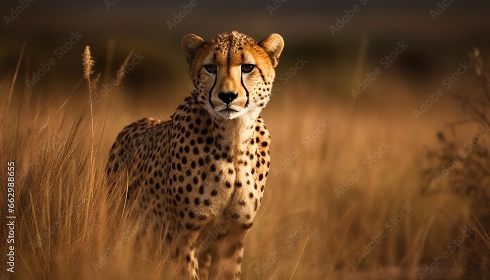 African cheetah walking majestically in the wilderness, staring ahead generated by AI