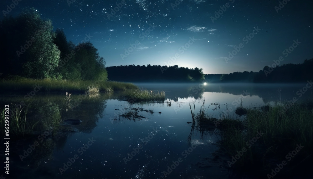 Tranquil scene of a rural forest pond at dusk reflecting beauty generated by AI