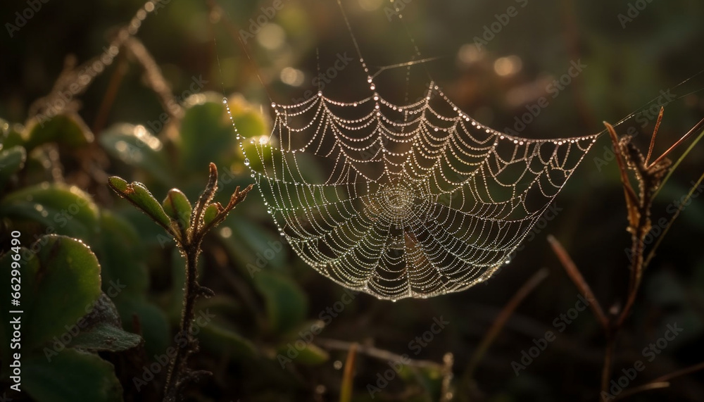 Spinning sphere traps dew drop on spider web in forest generated by AI