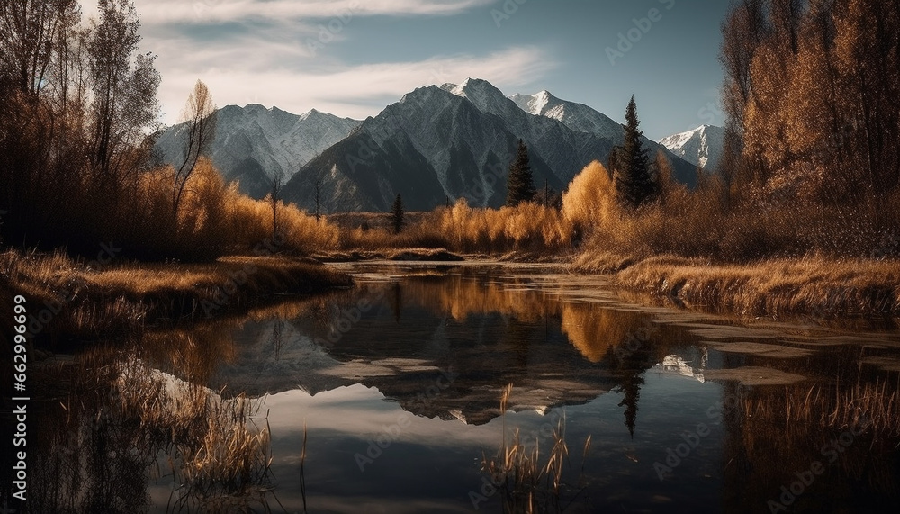 Idyllic mountain range reflects natural beauty in tranquil scene generated by AI
