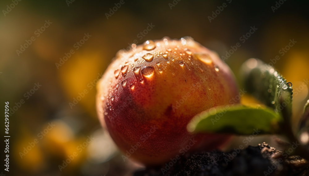 Ripe apple drops with dew on wet green leaf in orchard generated by AI