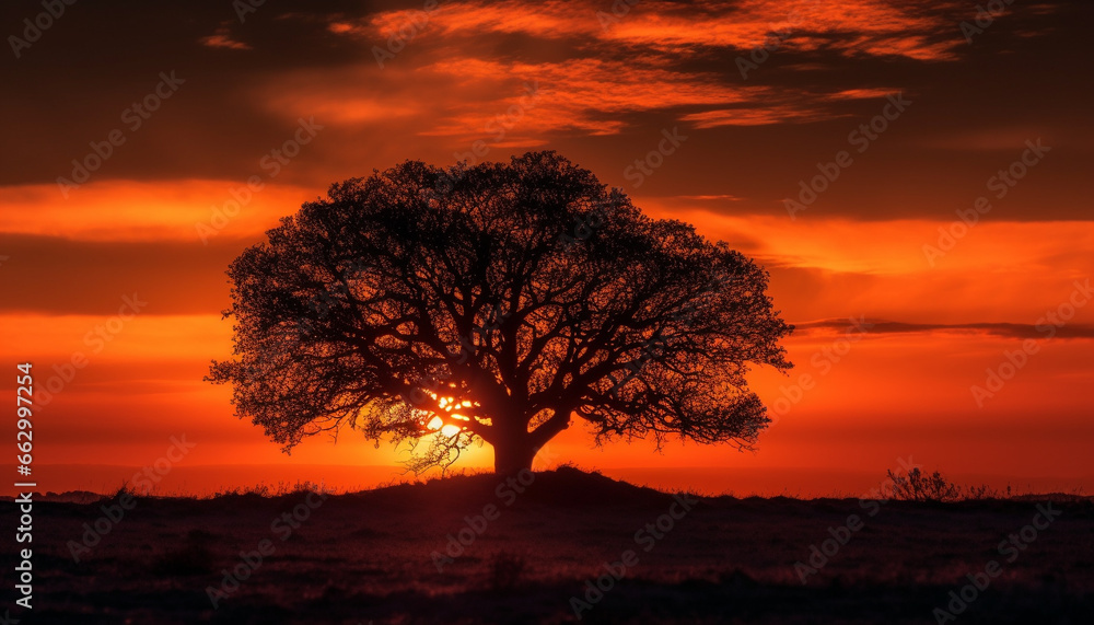 Golden horizon, tranquil savannah, acacia tree back lit at dusk generated by AI