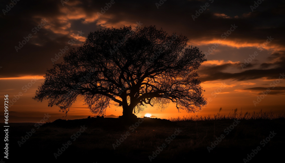 Silhouette of acacia tree back lit by orange sunset sky generated by AI