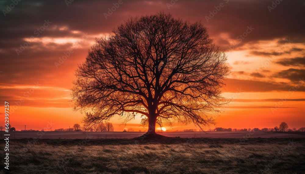 Silhouette of tree back lit by sunset in tranquil meadow generated by AI