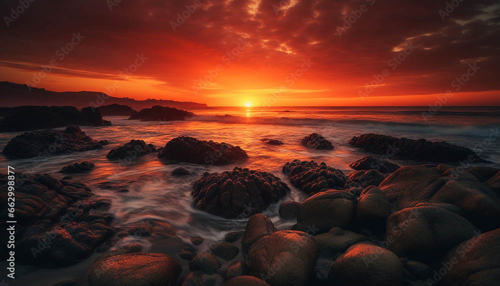 Tranquil sunset over rocky coastline, reflecting beauty in nature generated by AI