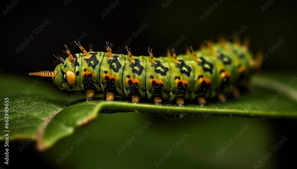 Striped caterpillar crawling on green leaf, transforming into beautiful butterfly generated by AI