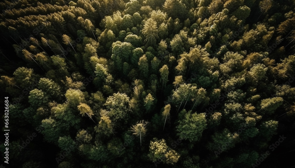 High above coniferous forest, drone captures beauty in nature growth generated by AI