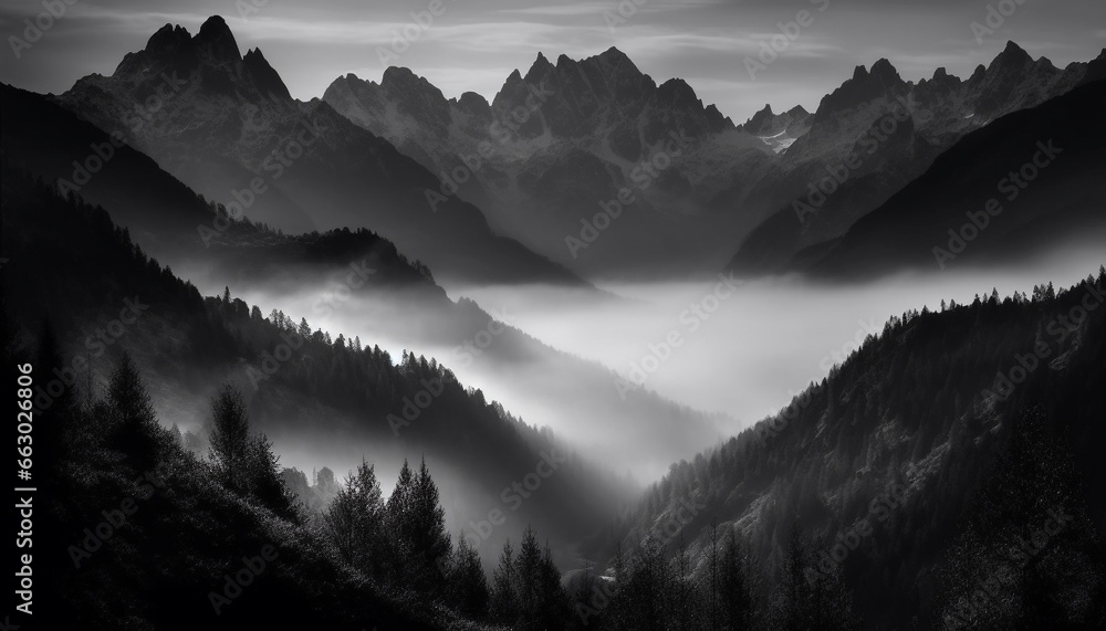 Majestic mountain range silhouetted against a dark, foggy sky generated by AI