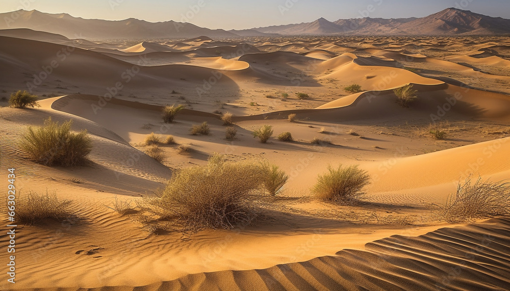 Tranquil striped sand dunes in arid Africa, majestic beauty generated by AI