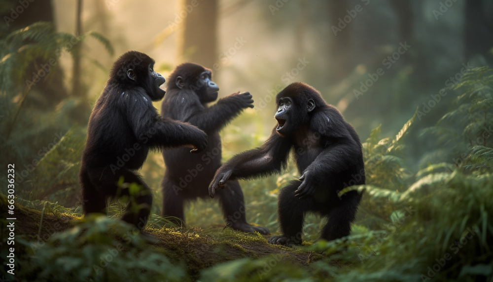 Cute monkey family sitting in green tropical rainforest, eating and playing generated by AI