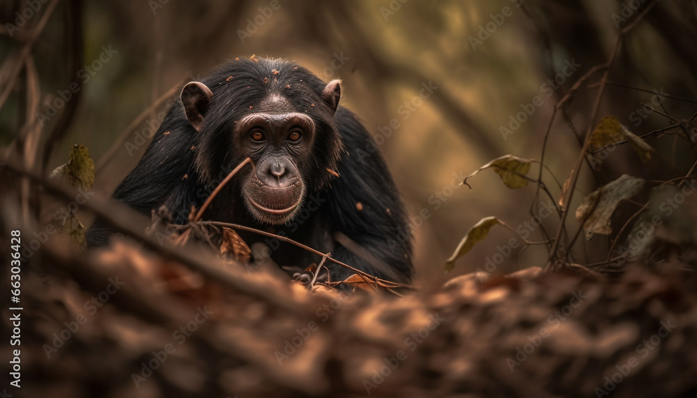 Cute primate sitting in the forest, looking at camera with strength generated by AI