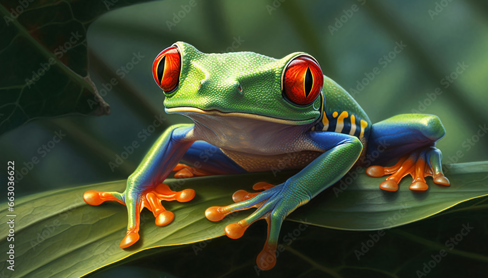 Red eyed tree frog sitting on a branch in the rainforest generated by AI