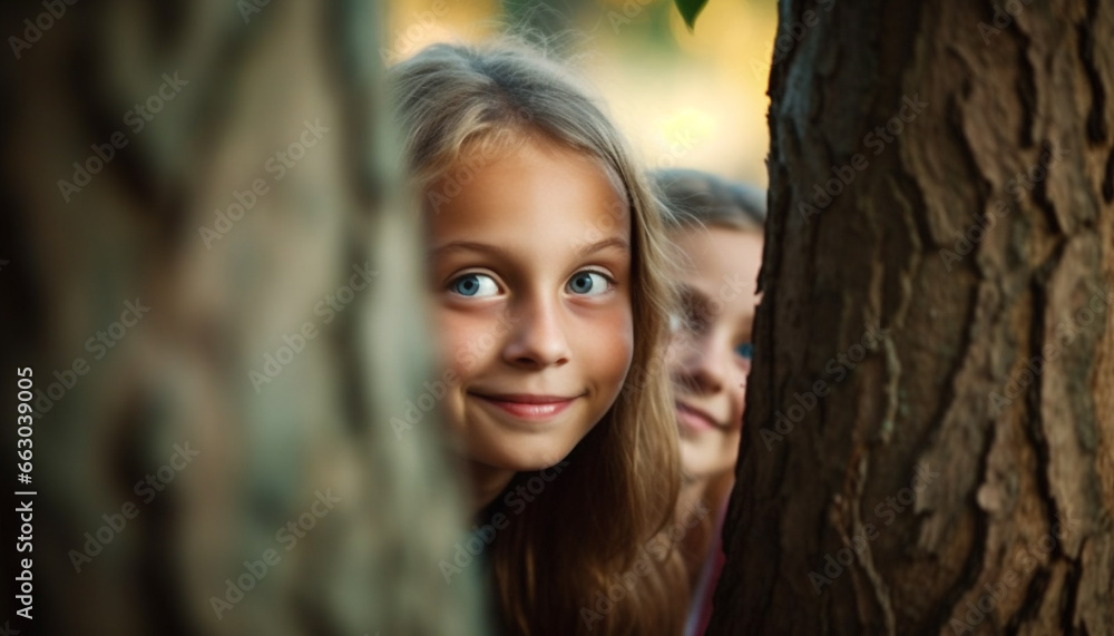 Smiling child in nature, cheerful and cute, looking at camera generated by AI