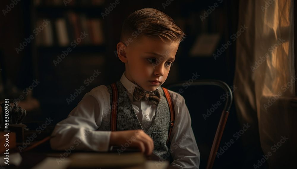 A cute Caucasian boy sitting indoors, learning at a small table generated by AI
