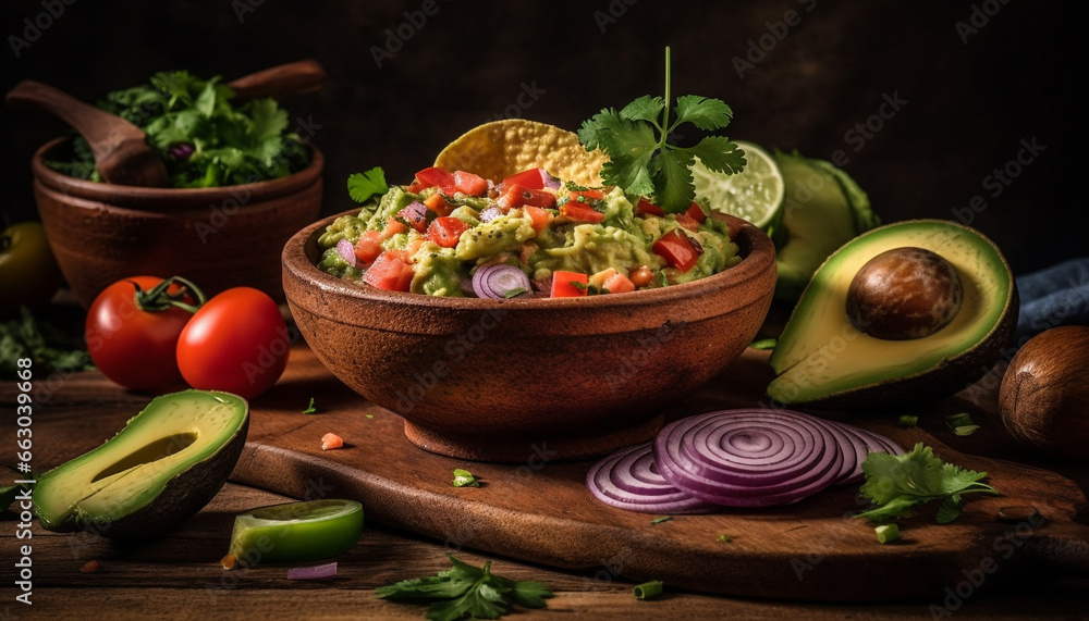 Fresh avocado guacamole, a healthy vegetarian meal with organic ingredients generated by AI
