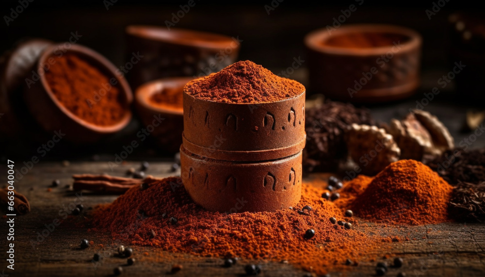 Dark chocolate, cocoa powder, gourmet dessert, cocoa bean, ground coffee generated by AI