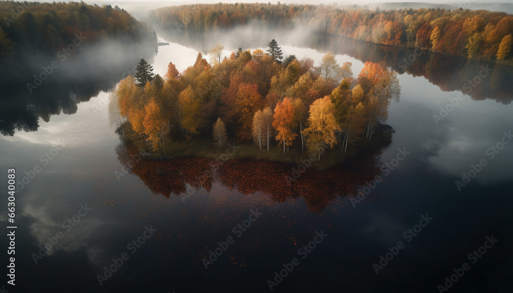Tranquil scene, autumn forest reflects vibrant colors in tranquil pond generated by AI