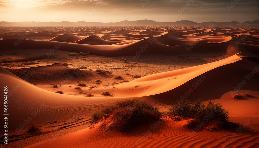 Sand dune landscape, nature sunset, dry Africa arid climate heat generated by AI