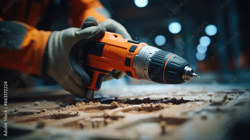 Worker holding a cordless drill in one hand, Drilling holes in the floor tile.