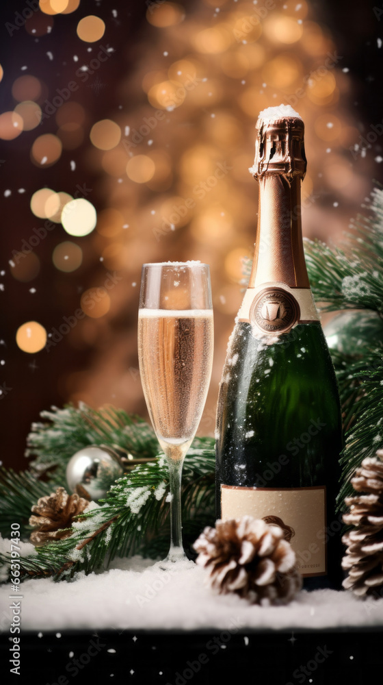The effervescent bubbles of a champagne bottle and the glimmer of a glass reflect the festive spirit of christmas, inviting us to indulge in the vines decadent flavors and toast to the joy