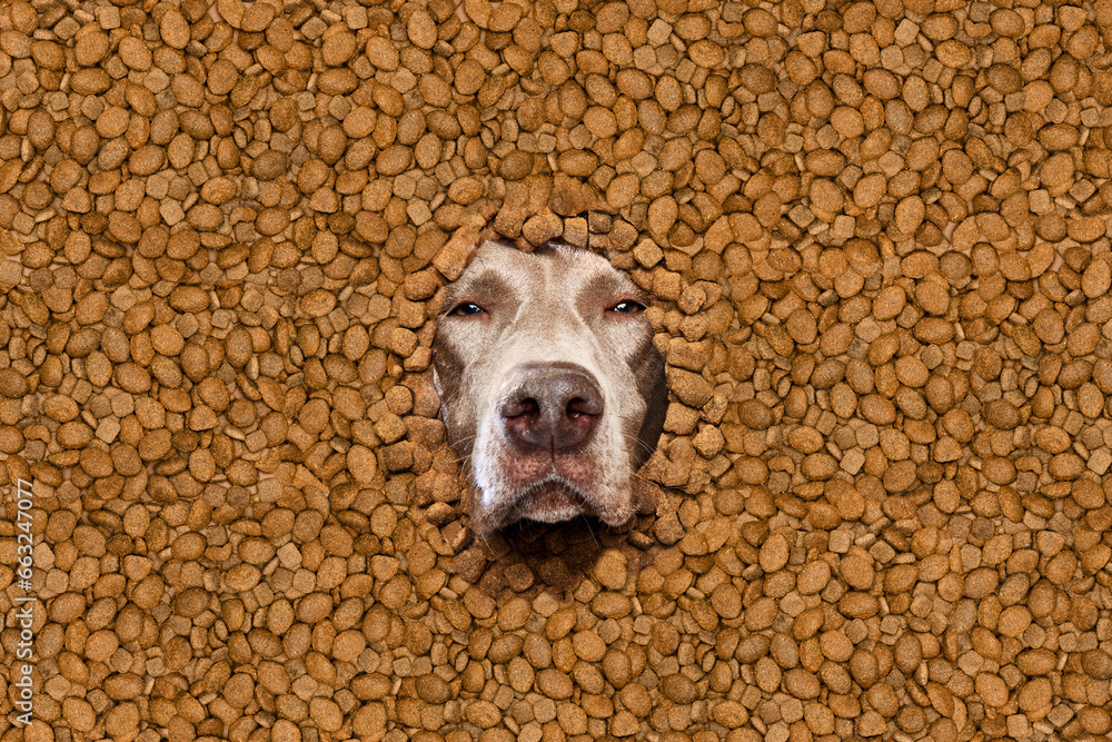 Cute muzzle of purebred dog, Weimaraner peeking out dogs food. Health pet nutrition, high quality food. Concept of domestic animals, pet care, nutrition, vet, beauty, grooming. Copy space for ad