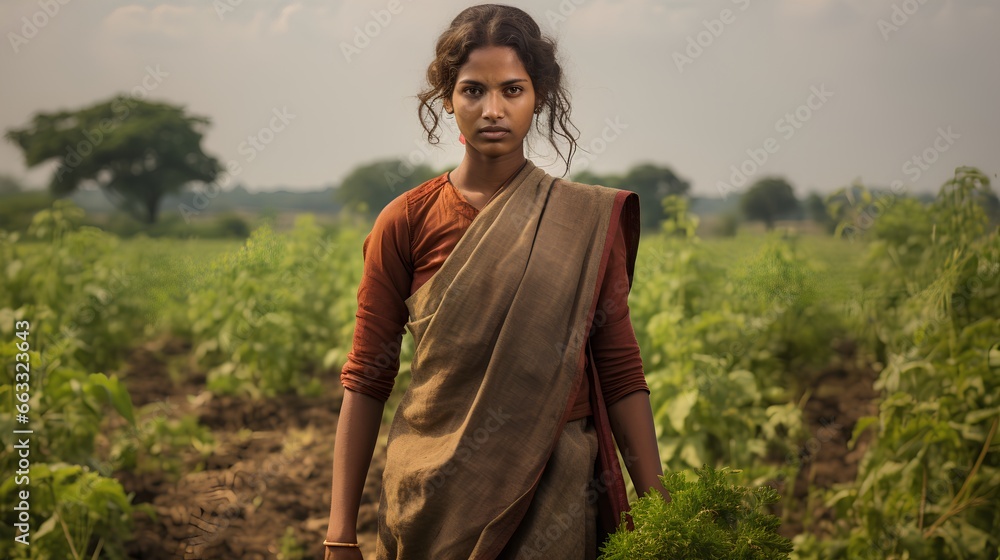 Hardworking ethnic female farmer in crops plantation work. Fair trade concept. Supporting sustainable farming practices and ethical sourcing. Woman as labor in tea fields.