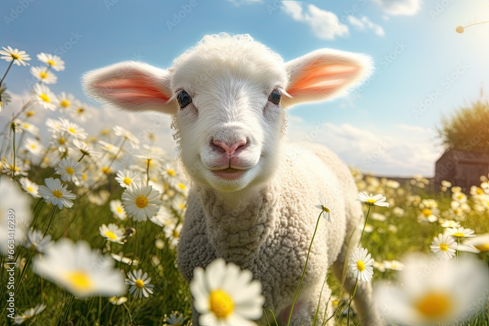  a sheep standing in a field of daisies and daisies.  generative ai