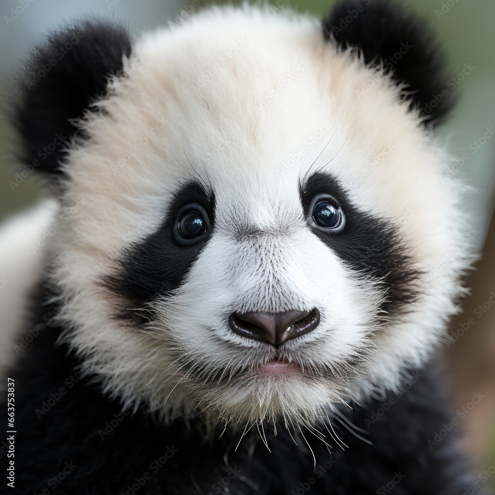Close-up of a pandas face with adorable black and white