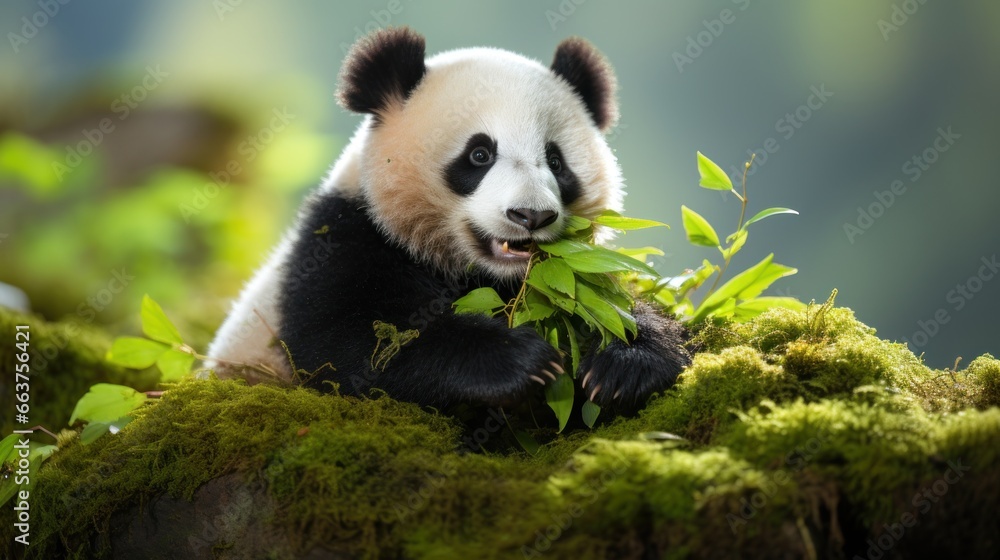 A panda sitting on a rock munching on bamboo leaves