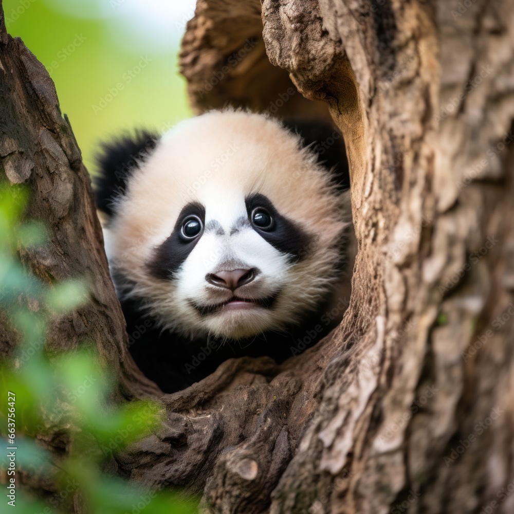 A panda cub peeking out from behind a tree trunk, looking curious