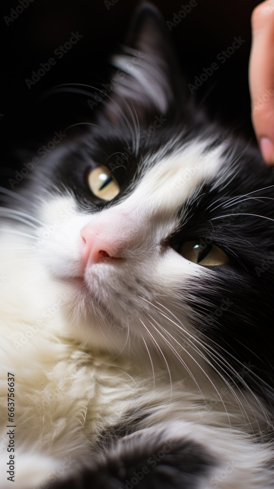 Furry black and white cat getting pampered by a gentle hand