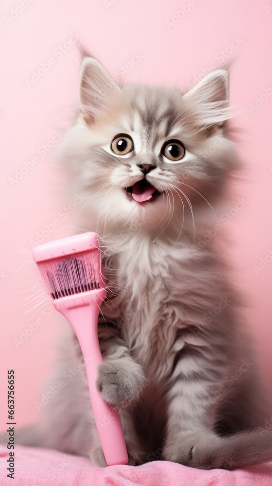 Playful gray kitten being combed with a tiny pink brush