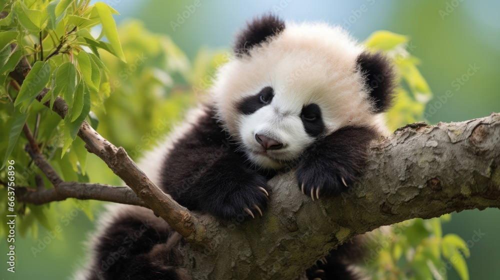 A baby panda napping on a tree branch, surrounded by lush greenery