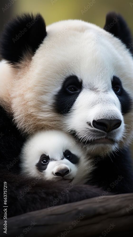 A mother panda and her cub snuggled up together for a nap