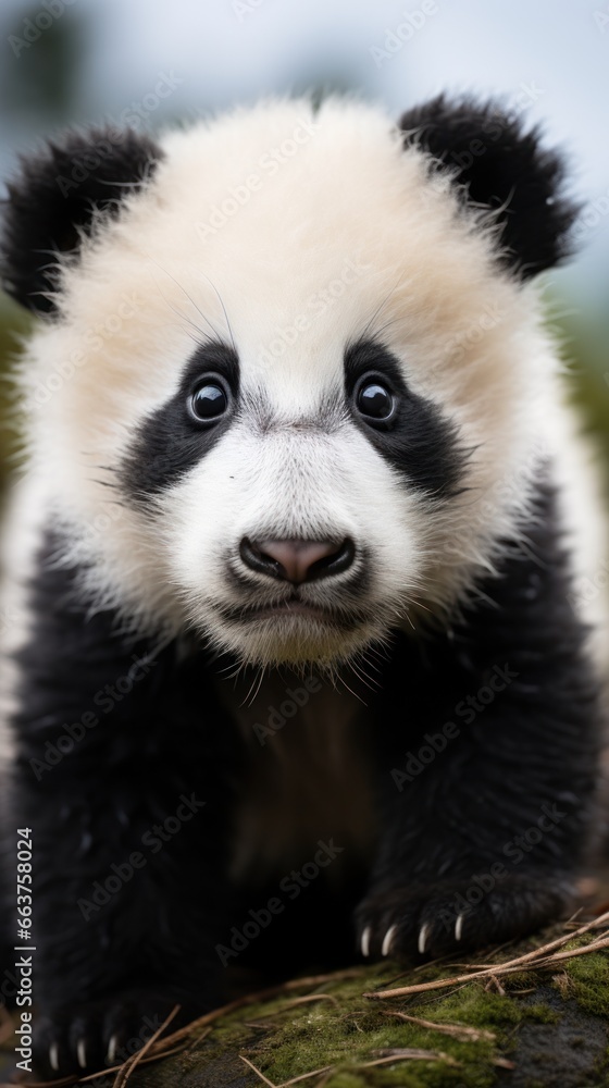 Close-up of a pandas face with adorable black and white
