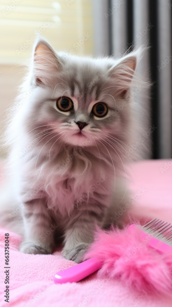 Playful gray kitten being combed with a tiny pink brush