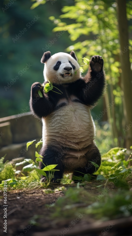 A panda standing on its hind legs, reaching up to grab some bamboo