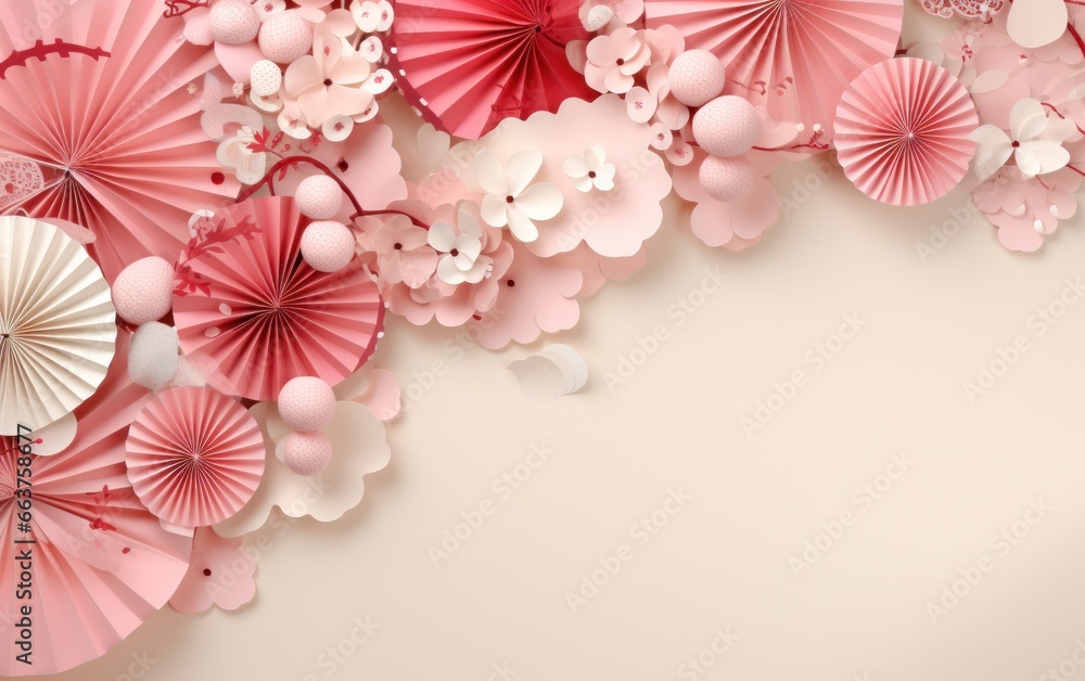 happy chinese new year in style with red chinese paper fan on beige background stockforward