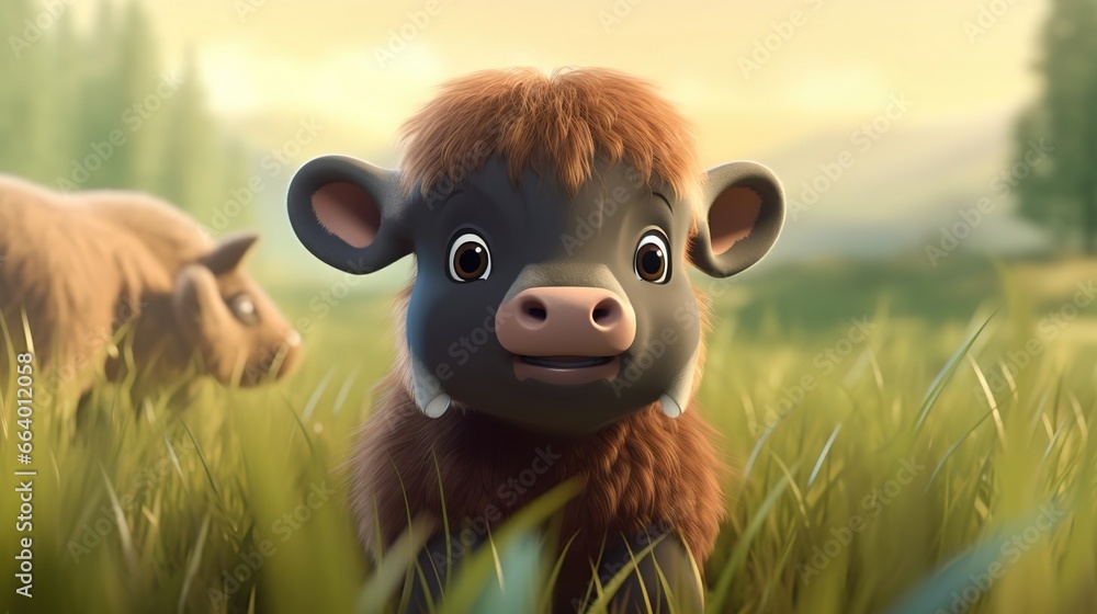 Cute scene of a baby buffalo in nature, illustration in 3d cartoon style. Created with Generative Ai technology.