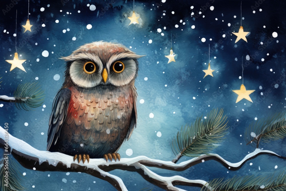 Christmas tale cards with owl and stars illustration