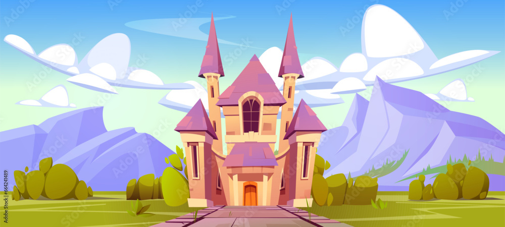 Fairytale royal castle in meadow near rocky mountains. Cartoon vector landscape of ancient palace with gates and towers in grass at foot of hills. Path leads to entrance to king medieval house.