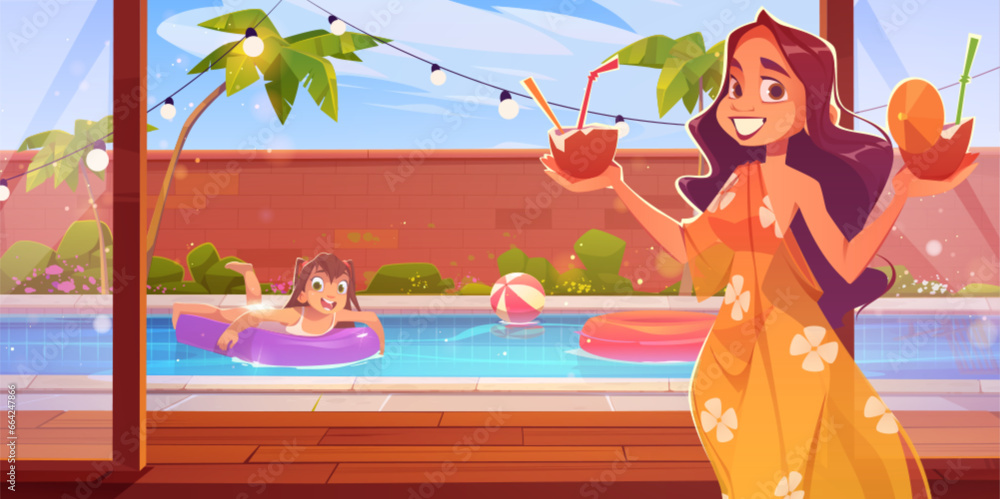 Summer water pool party in house backyard vector background. Garden poolside with inflatable ring, ball and cocktail in coconut. Mother and daughter on villa wooden terrace lounge. Happy girl swim