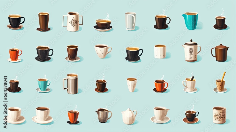  a collection of coffee cups and mugs on a blue background.  generative ai