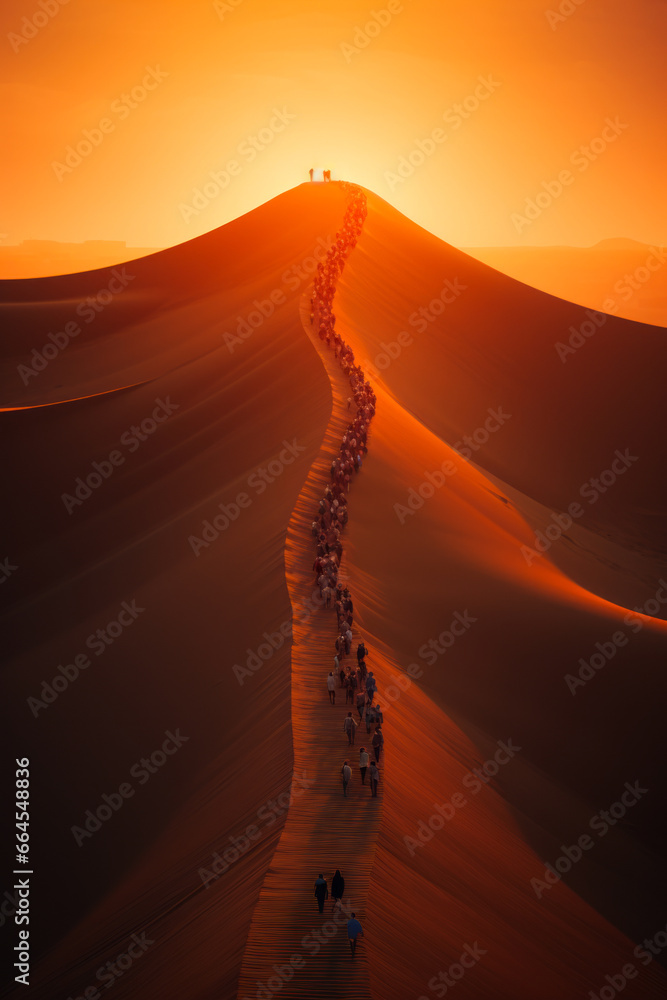 Long line of people walking across desert with sunset in the background.