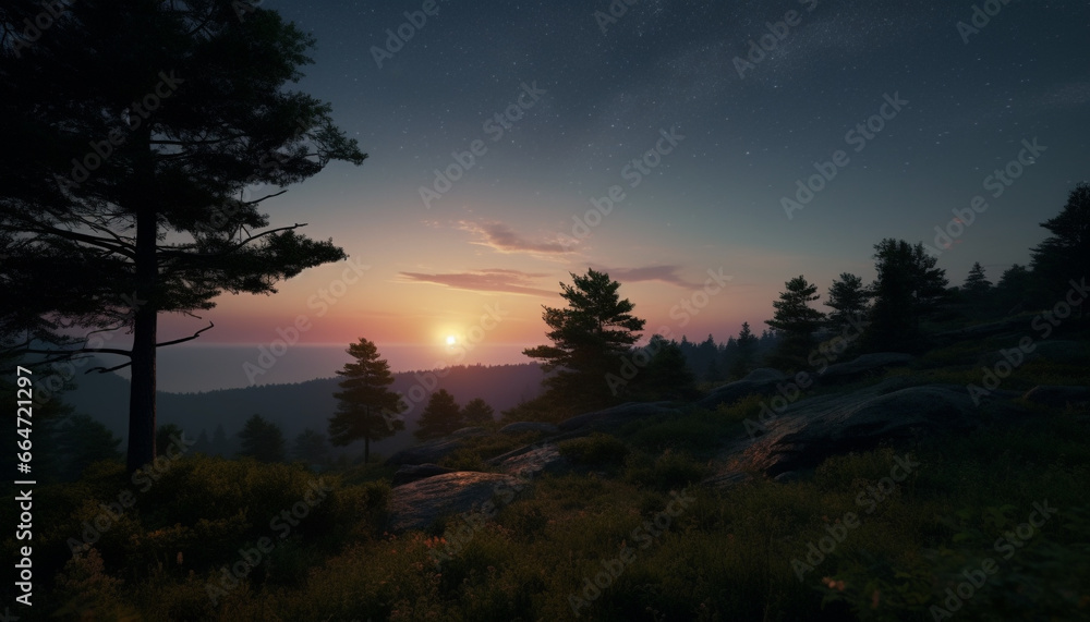Tranquil scene: sunset paints nature beauty, silhouettes trees on mountains generated by AI