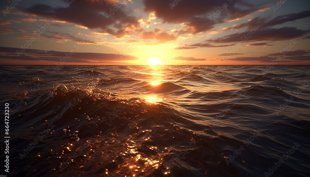 Sunset over the tranquil sea, nature beauty in a golden hour generated by AI